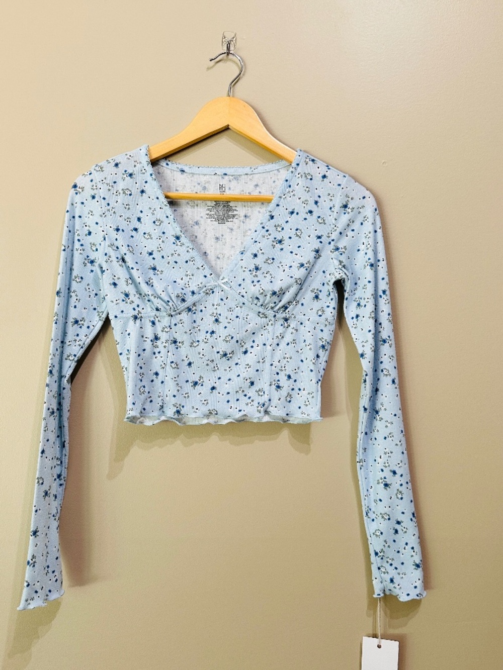 NOBO No Boundaries Long Sleeve Floral Blue Crop Top Size S Small